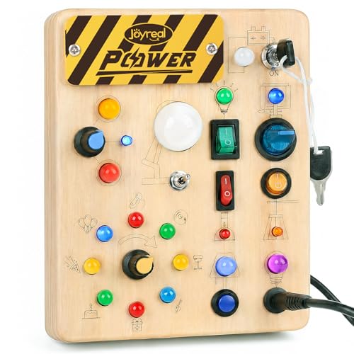 Joyreal Busy Board for Toddlers 1-3 - Montessori Toys for 1 2 3 Year Old Wooden Sensory Activity Board with 10 Switches&19 Lights Ideal Educational Travel Toy Gift for 1+ Year Old Boy&Girl Birthday