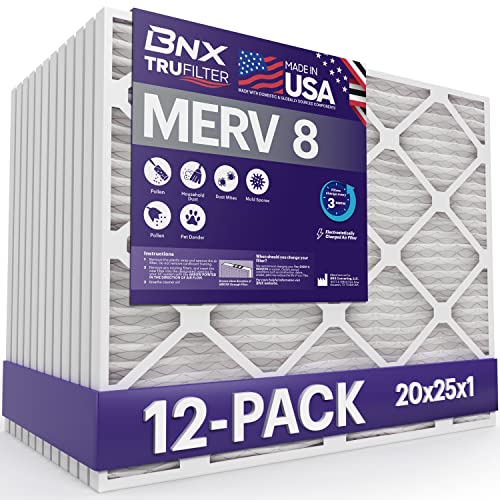 Image of BNX TruFilter 20x25x1 Air Filter MERV 8 (12-Pack) - MADE IN USA - Dust & Pet Defense Electrostatic Pleated Air Conditioner HVAC AC Furnace Filters for Dust, Pet, Mold, Pollen MPR 600 - 700 & FPR 5