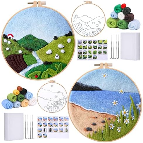 2 Sets of Needle Felting Kit, Needle Felting Tools for Beginner, Wool Felt Supplies with Instructions, Needle Felting Pad, Felting Needles, Felting Wool, Embroidery Hoops, Used for Home Decoration