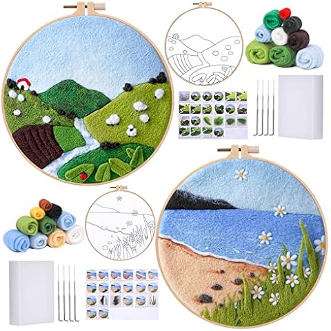 2 Sets of Needle Felting Kit, Needle Felting Tools for Beginner, Wool Felt Supplies with Instructions, Needle Felting Pad, Felting Needles, Felting Wool, Embroidery Hoops, Used for Home Decoration Cover