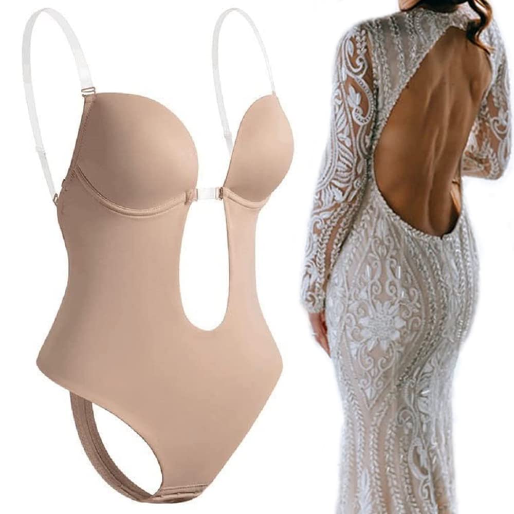 Backless Body Shaper Bra for Women, Women U Plunge Body Shaper, Clear Straps Shapewear, Deep V Clothes Under (Small,Skin)