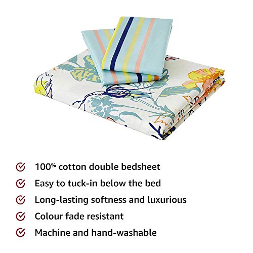 Image of Amazon Brand - Solimo Floral Splash 144 TC 100% Cotton Double Bedsheet with 2 Pillow Covers, Peach Premium Bed Pillow, Diagonal Blue and White, 43 x 69 cm