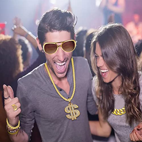 5pcs Hip Hop Costume, 80s/90s Hip Hop Fancy Dress Accessories for Adult, Fake Gold Chain Bracelet, Fake Dollar Sign Necklace, Hip Hop Ring, Hippie Glasses for Hippie Rapper Disco Outfit - Image 7