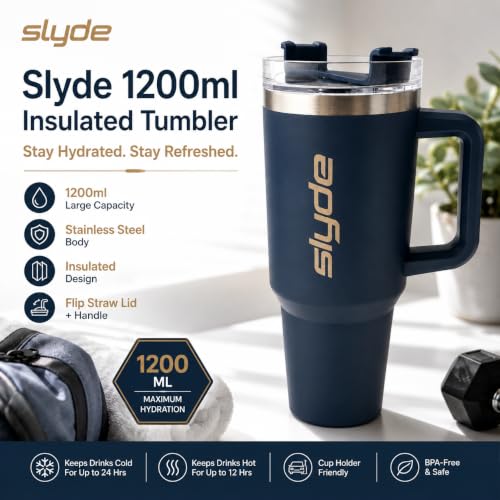 Image of Slyde 1200ml Stainless Steel Insulated Tumbler with Handle | Double Wall Vacuum Travel Mug | Leakproof Lid | Includes 2 Straws (1 Stainless Steel & 1 Plastic) Navy Blue