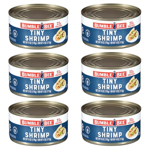 Image of Bumble Bee Tiny Canned Shrimp, 6 oz Can - Served in Water, Cooked, Peeled, Deveined - 22g Protein per Serving - Gluten Free (Pack of 6)