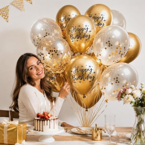 Image of Metal Happy Birthday Balloons Colorful Metallic Decorative Balloons Birthday Party Decor Room Decor House Decor For Wedding Birthday Anniversary Graduation Party Decorations Supplies (gold)