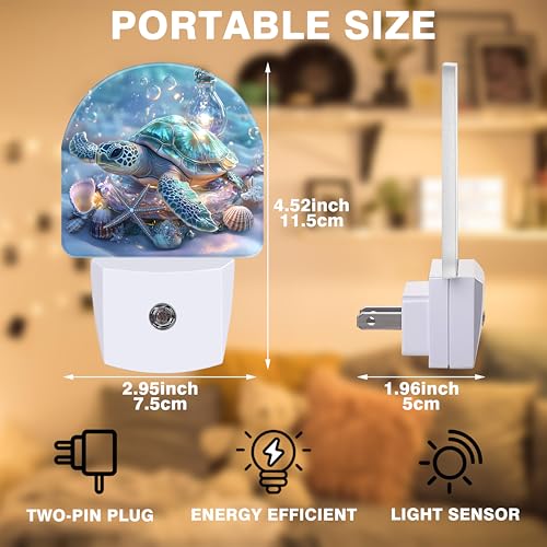 Image of Ocean Animal Night Light, Sea Turtle and Seashell Night Lights Plug into Wall Dusk to Dawn Sensor Round Nightlight for Women Men Energy Efficient Led Lamp 0.5W for Stairway Hallway Bedroom