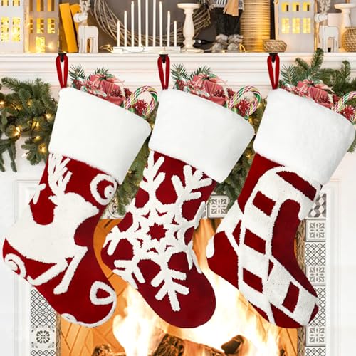Weldomcor Christmas Stocking Set of 3, 18 Inch Red Christmas Stockings Embroidered Elk Snowflakes Sleigh White Plush Faux Fur Cuff Large Xmas Hanging Stockings for Family Holiday Party Decoration