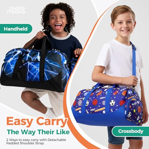 Image of Choco Mocha Kids Duffle Bag, Boys Overnight Travel Bags for Weekender Kid with Shoes Compartment, Large Sleepover Bag for Gym, Monster Truck -Black, 20.08x9.06x10.63 inches, Duffle Only