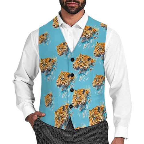 Watercolor Leopard Mens Suit Vests V-Neck Casual Vest Dress Formal Tuxedo Wedding Waistcoat