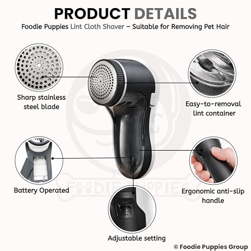Image of Foodie Puppies Pet Lint Remover for Clothes (Cloth Shaver) Battery Operated Lint Remover with 6-Leaf Stainless Steel Blades, Fabric Fuzz & Pill Remover for Wool, Cotton, Sofa, Furniture & Blankets