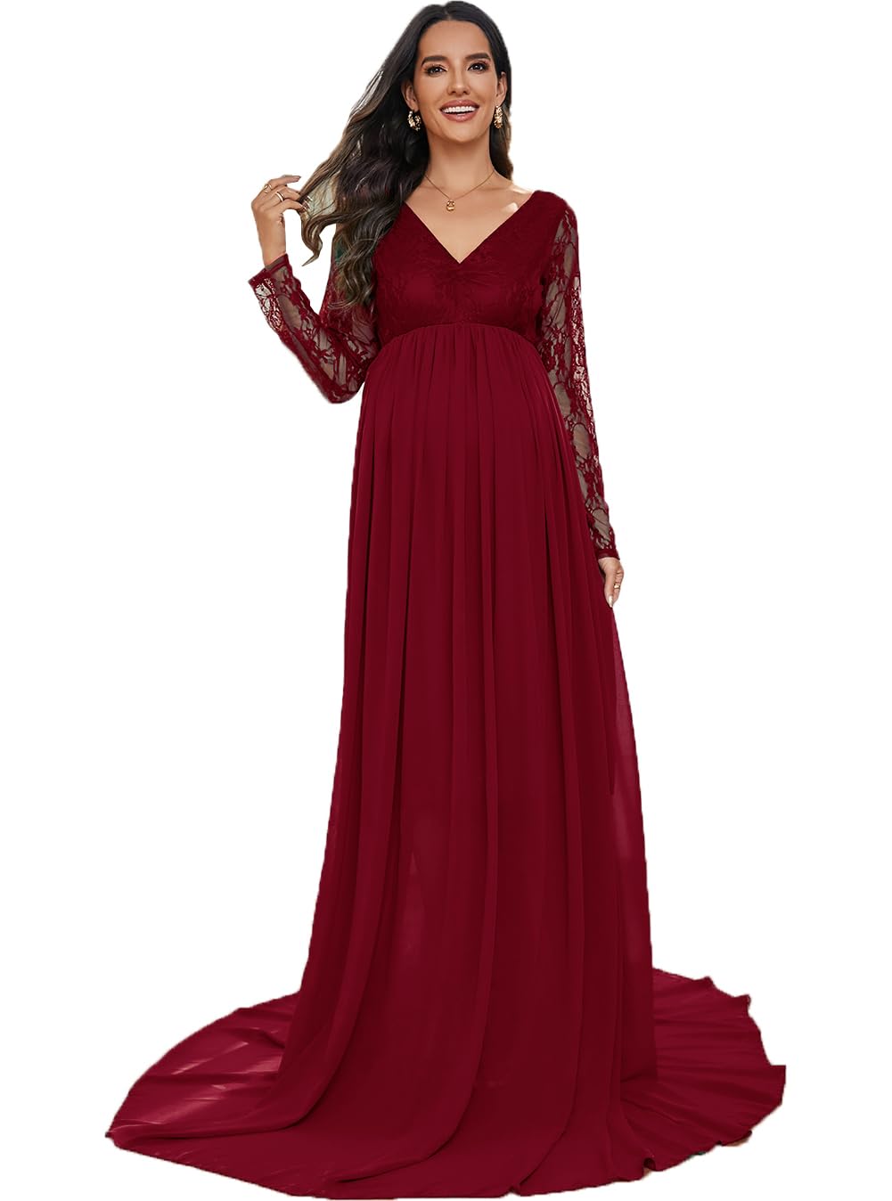 ZIUMUDY Maternity V Neck Chiffon Photography Gown Long Sleeve Lace Stitching Maxi Dress for Baby Shower