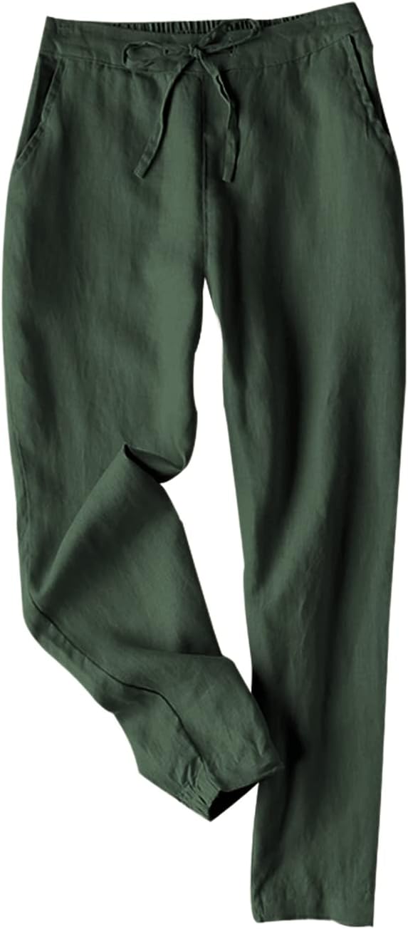 Tanming Linen Pants for Women Summer Casual High Waisted Drawstring White Beach Pant