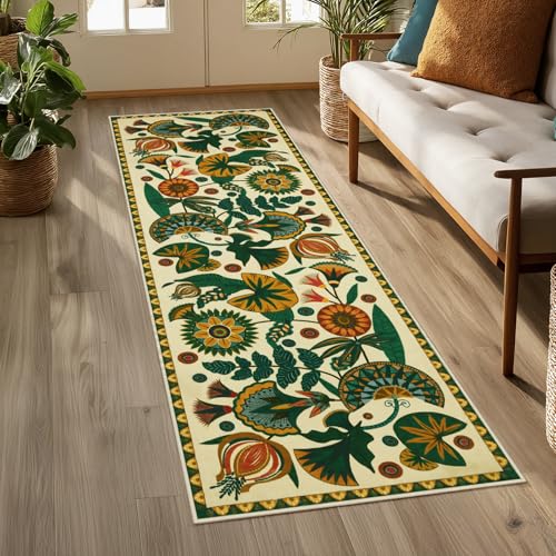Joydeco Egypt Floral Boho Rug Runners for Hallways Entryway Non Slip, 2x6 Bathroom Kitchen Runner Rugs Non Skid Washable, Vintage Beige Carpet for Entrance Laundry Room Bed Beside