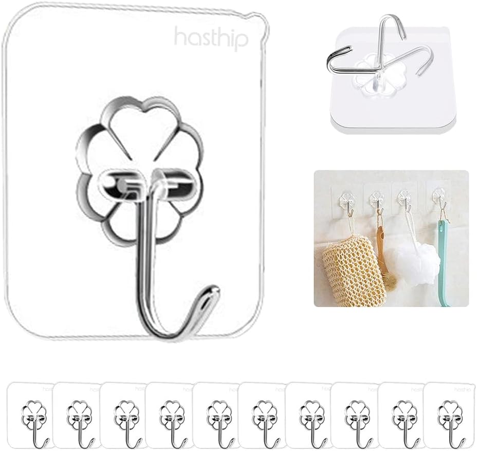 HASTHIP® Waterproof Stick on Adhesive Stronger Plastic Wall Hooks Hangers for Hanging Robe, Coat, Towel, Keys, Bags, Lights, Calendars, Max Load 15 kg - Pack of 11, Transparent (11 Transparent Hooks)