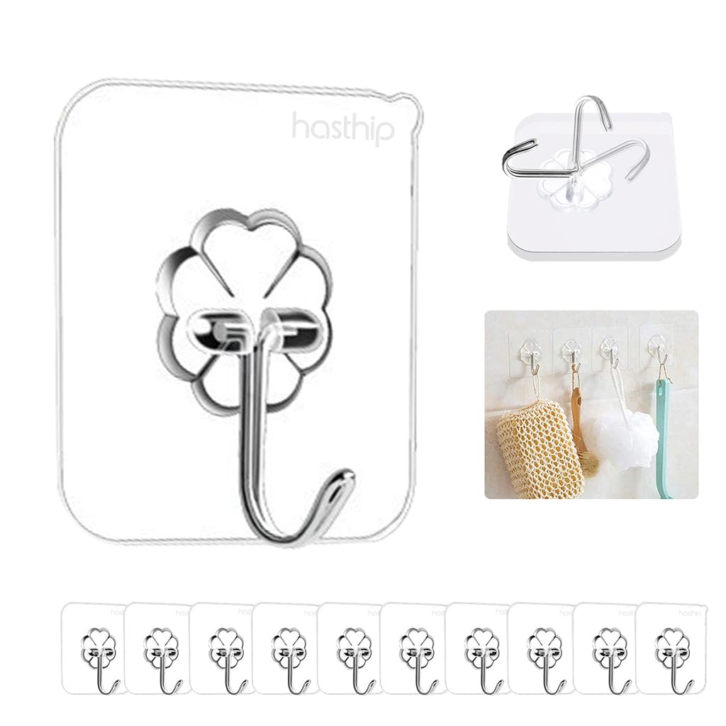 HASTHIP® 20Pack Adhesive Hooks for Hanging Wall Hooks Removable Sticky Hooks for Bathroom, Kitchen Waterproof Ultra Adhesive Wall Hooks (Clear)