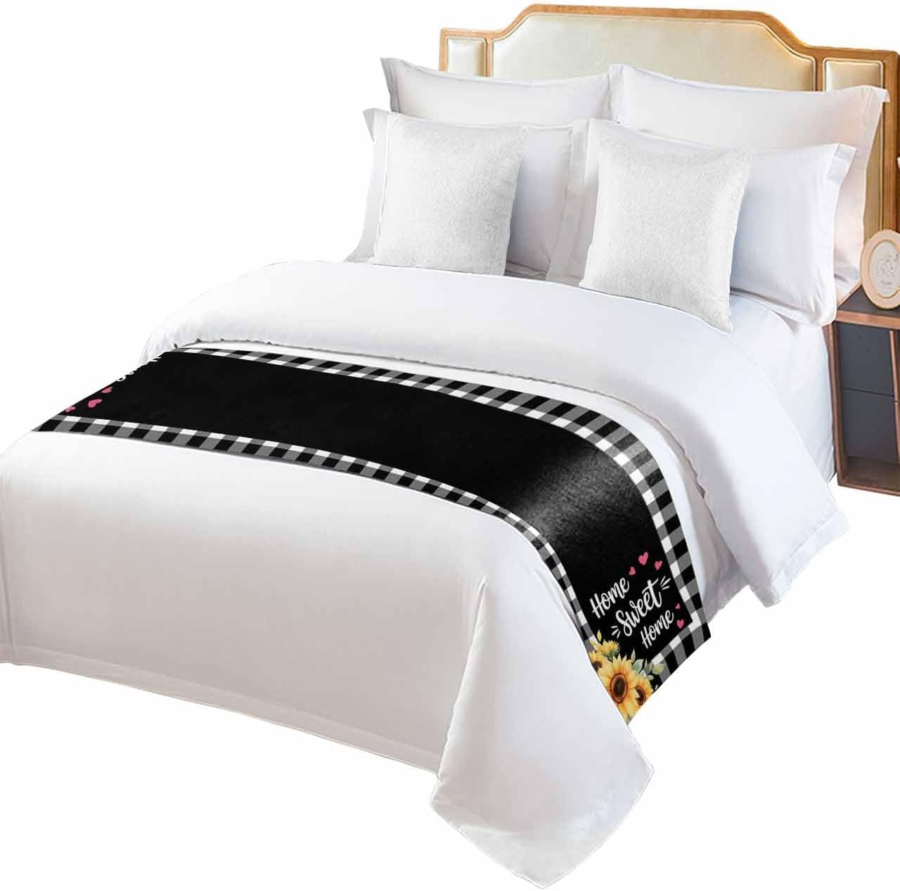 Sunflower Bed Runner Scarf Full Queen Size, Plaid Farmhouse Summer Botanical Luxury Bed Throw Runners & Scarves for Twin Full Queen King Foot of Bed, Bedroom Hotel Wedding Room Decoration, 83"x20"