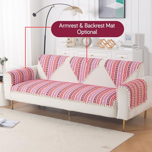 Image of HOKIPO Sofa Cover Mat with Tassel | 300 GSM Cotton Acrylic Jacquard for 3 Seater Sofa,'Trivana Series' Hot Pink (IN-936-J3*S)