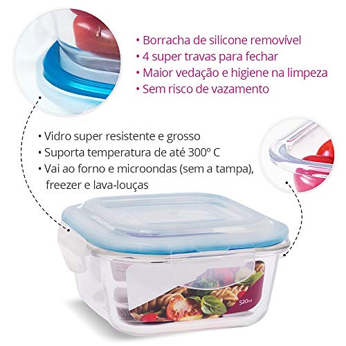 KIT 10 Potes de Vidro Quadrado com Tampa Hermética 520ml Cor:Azul (QH)