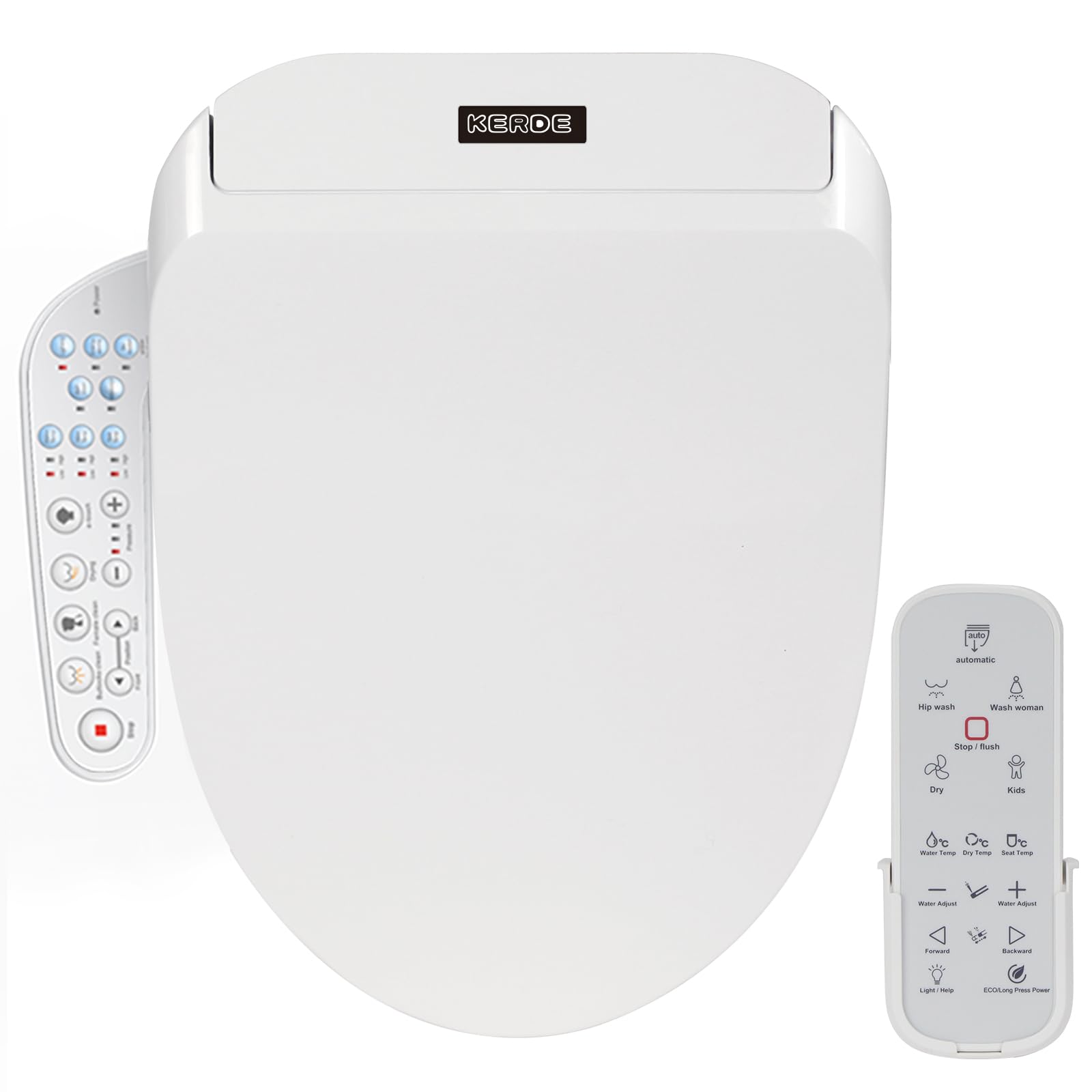 KERDE P30B Bidet Toilet Seat - Dual Control Side Panel Remote Warm Water Wash Heated Seat Warm Air