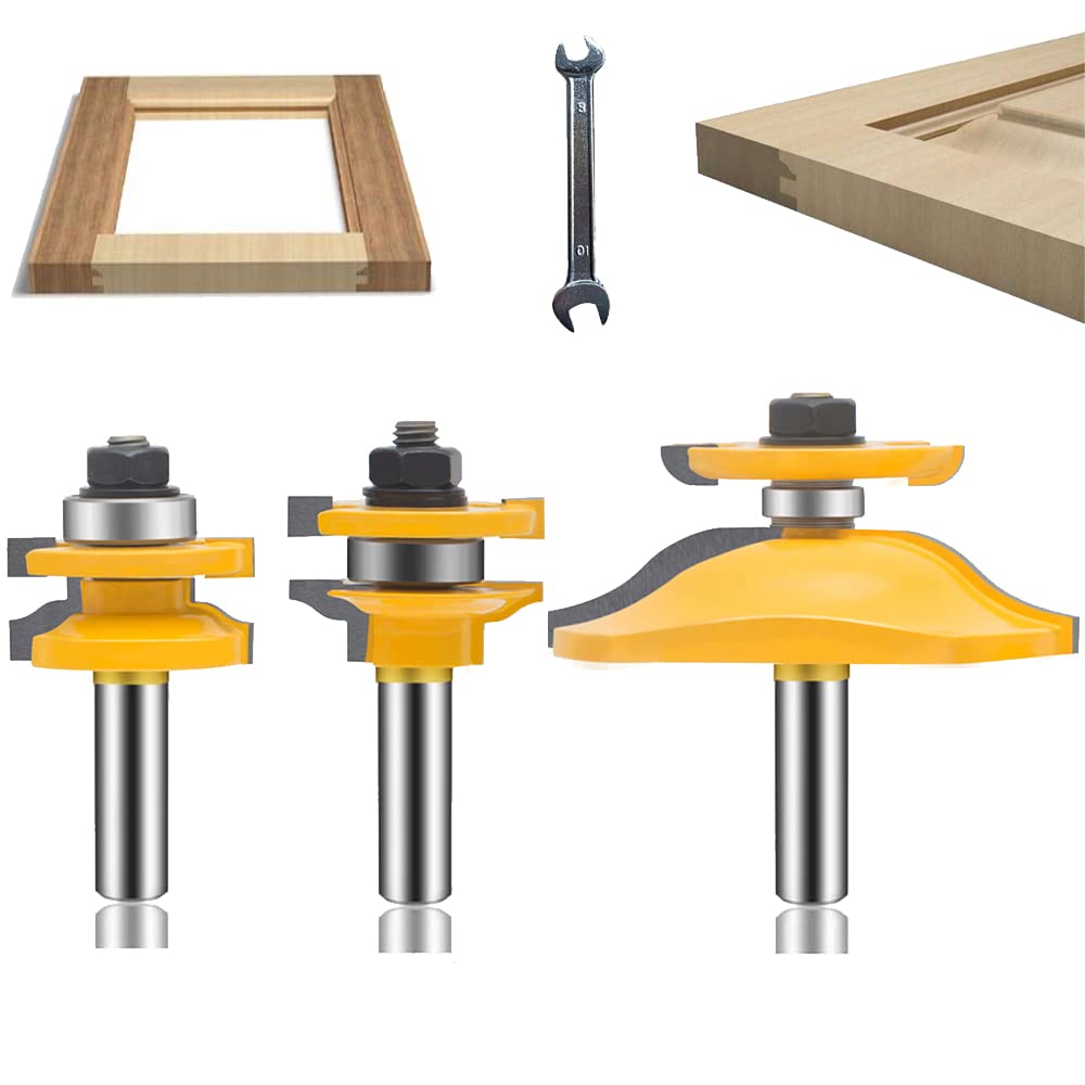 LEATBUY Router Bits Cabinet Door 3 PCS Router Bit Set 1/2-Inch Shank Rail Stile Round Over Raised Panel Woodworking Cutter, Wood Carbide Groove Tongue Milling Tool(1/2 Line)