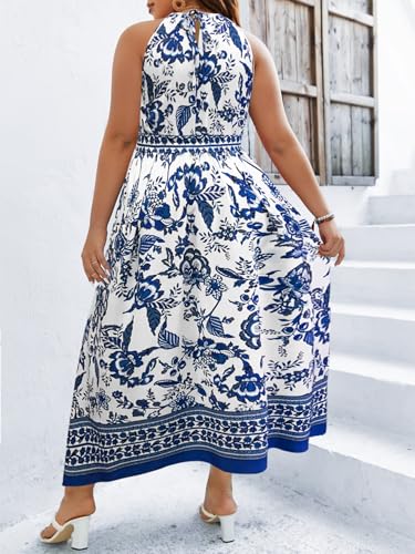 Image of Floerns Women's Plus Size Boho Sleeveless Halter Neck Tie Back A Line Long Dress