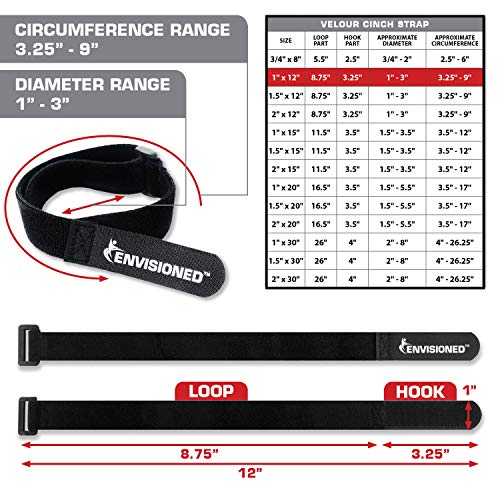 Velour Cinch Straps 1" X 12" - 10 Pack, Soft Touch Microfiber Reusable Hook And Loop - Plus 2 Free Bonus Reusable Cable Ties #TOP1