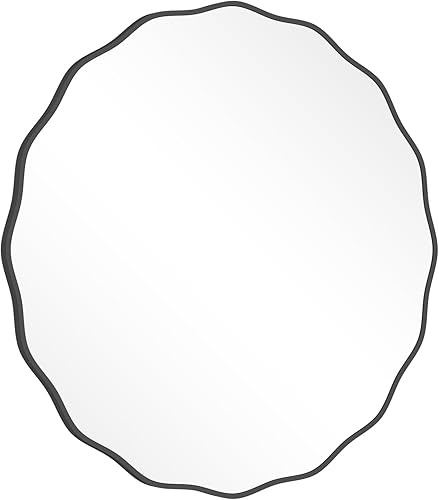 Miniatura 92 de Espejo redondo decorativo para pared de 28 pulgadas, moderno espejo ondulado dorado con marco de madera, espejo de pared circular para baño