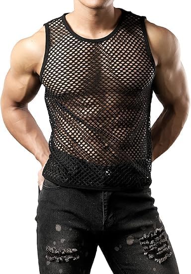 Men's Round Neck Vest Mesh See-Through Sexy Fishnet Hollow Fitness Sweatshirt Sports Slimming Tank Tops - Image 3