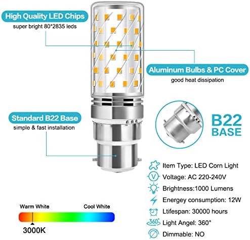 Tailcas B22 LED Bayonet Light Bulb 100W, 12W B22 LED Bulbs Bayonet Warm White 3000K, 1000Lumen B22 Bayonet Cap Energy Saving Bulb, Not Dimmable No Flicker LED Lamp, 6 Pack