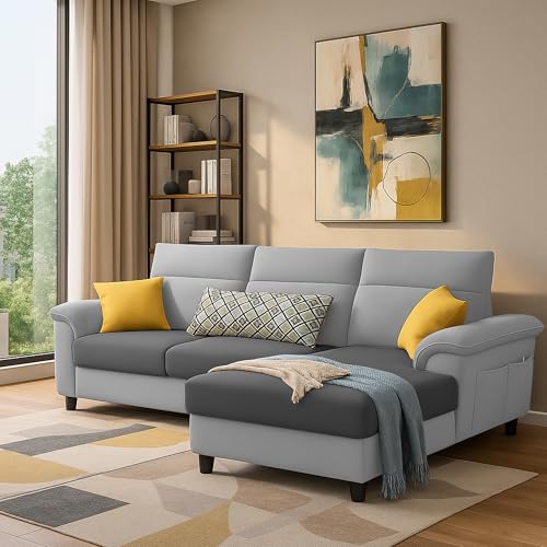 Image of Casaliving Seams RHS 4 Seater L Shape Sofa for Living Room (Grey Dark Grey Fabric) Premium Fabric Sofa