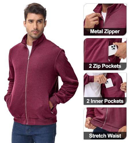 Satankud Men's Jacquard Waffle PlaidCloth Bright Metal Zipper Lightweight Jacket Burgundy Medium — view 4