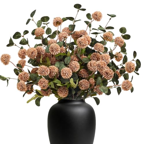 SITUMEIZI Grey Artificial Pompon Flowers, 6 Fake Mum with 2 Eucalyptus