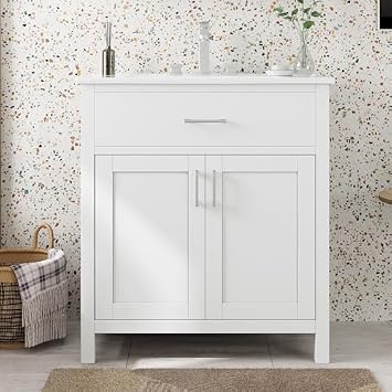 Virubi 30 in Bathroom Vanity with Sink,1 Drawer,2 Doors and Shelf, Solid Wood Frame &MDF Modern Single Bathroom Sink Cabinet,Freestanding White