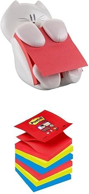 Post-it Notes Cat Dispenser and Super Sticky Red Z-Note Pad with 6 Bora Bora Colour Refill Pads (90 sheets per pad)