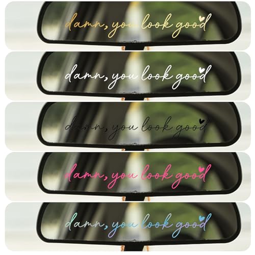 Image of 5pcs Damn, You Look Good Car Rear View Mirror Decal, Vinyl Car Quote Sticker for Back Window Positive Rearview Mirror Label Accessories for Women Self Affirmation Mental Health Awareness Gift