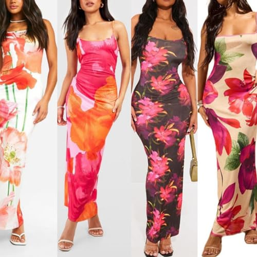 Image of Womens Summer Casual Floral Dresses Spaghetti Strap Bodycon Maxi Beach Dress Elegant Evening Party Long Dresses (US, Alpha, Medium, Regular, Regular, B White)