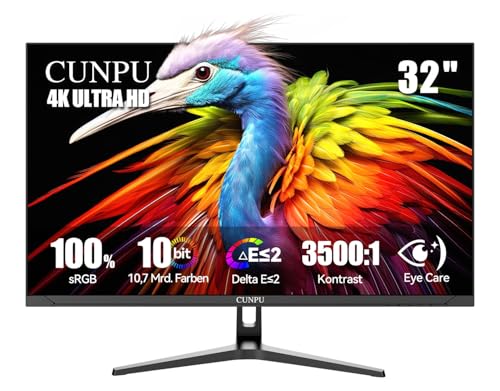 CUNPU 4K Monitor 32 Zoll, 1,07 Mrd. Farben, Augenschonend 100% sRGB, Sync, UHD 3840 x 2160, VESA(75X75mm) Flacher Bildschirm, HDR10, HDMI/DP, Für professionelles Arbeiten, Design & Content