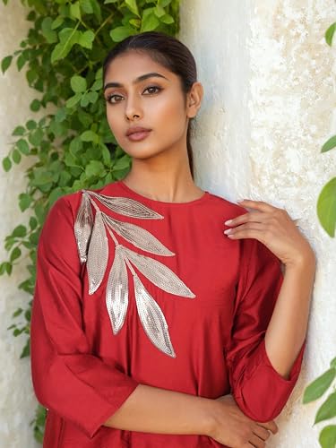 Image of Women's Magenta Chanderi Sequin Embroidered Co-ord Set | Round Neck 3 /4 Sleeve Asymmetric Top with Trousers | Festive Co-ord for Party, Wedding
