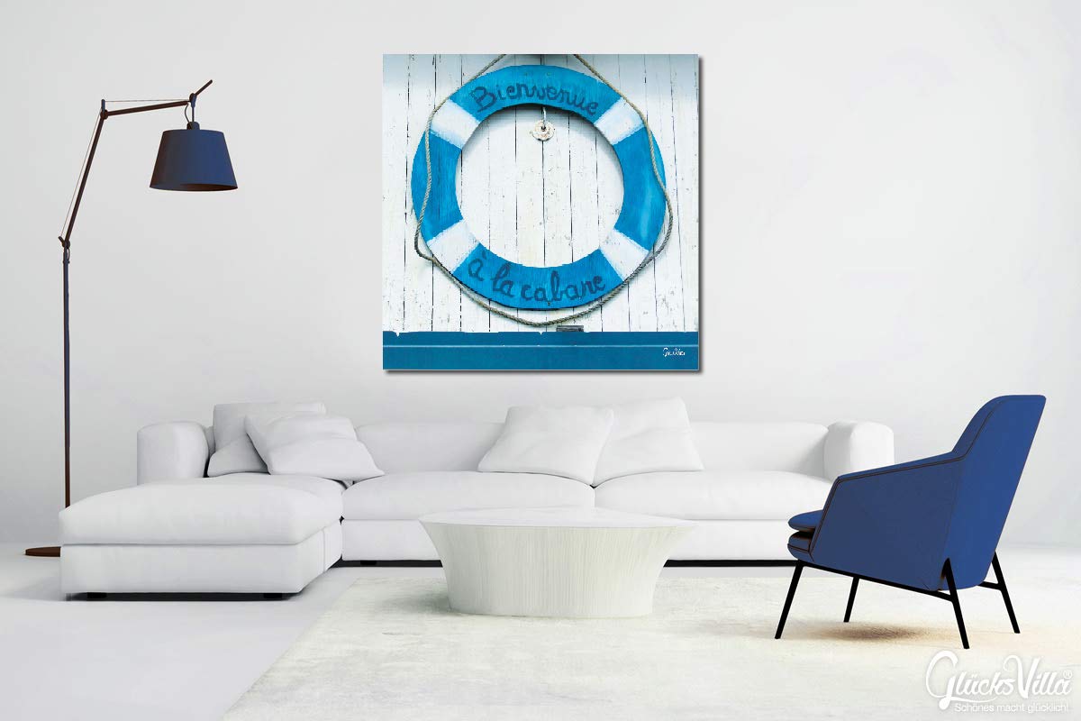 Glücksvilla - Bienvenue - (Leinwand-Bild 2 cm, 100 x 100 cm) | div. Maße - aus DE - Kunstdruck XXL Deko Wandbild Quadrat - Rettungsring Frankreich Fischer-Hütte maritim