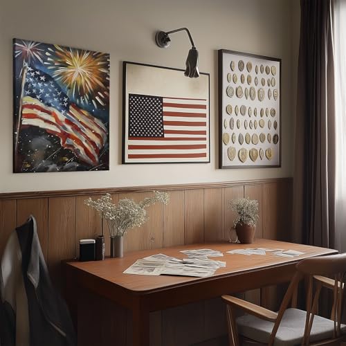 Image of 4 of July Canvas Wall Art, Fireworks and American Flag Painting, Patriotic Night Scene Poster Print, Memorial Day Independence Celebration Framed Artwork for Living Room and Office Decor 24x30inch