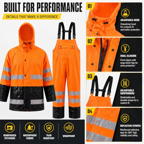 Image of Rain Suit For Men & Women Waterproof Heavy Duty Rain Gear Reflective Jacket for Fishing Outdoor Work Raincoats