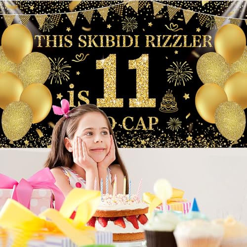 Image of Black Gold This Skibidi Rizzler is 11 No Cap Happy Birthday Backdrop Banner Photography Background Decorations for Boys Girls 11th Year Bday Party Accessories Supplies 72.8 * 43.3in