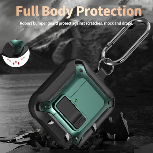 Image of Olytop for Airpods 4 Case with Lock Clid, Rugged Apple Airpods 4th Generation Cover 2024 Men Women, Armor Shockproof iPod 4 Gen Protective Hard Shell with Carabiner&Cleaner kit,Black /Green