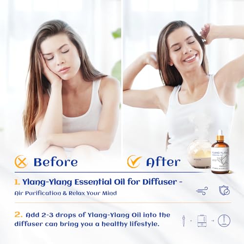 Image of HIQILI Ylang-Ylang Essential Oil, Long-Lasting Scent for Diffuser, Perfumes, Aromatherapy, DIY - 3.38 Fl Oz