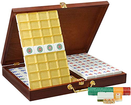 GZD 144 PCS Mahjong Ensemble, Main frotter des tuiles Mahjong avec Une boîte de Rangement en Bois, Mah Jongg Board Divertissement pour Les événements de fête