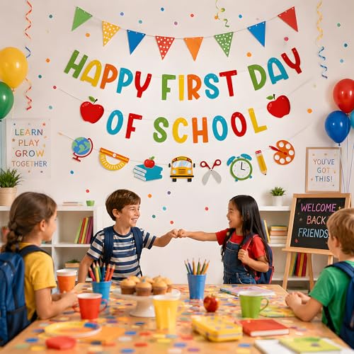 Image of Back to School Decorations - Happy First Day of School Banner Sign Decor for Indoor Outdoor | Back To School Garland Backdrop - Hanging Classroom Decor Party Favors Supplies