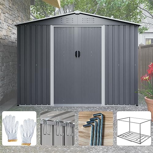 YOPTO 8X6 FT Outdoor Storage Shed with Roof,Waterproof House Tool Cabinet W/Metal Foundation & Lockable Doors,for Shovels,Umbrellas,Antennas,Escalators,Gray by YOPTO - Image 9