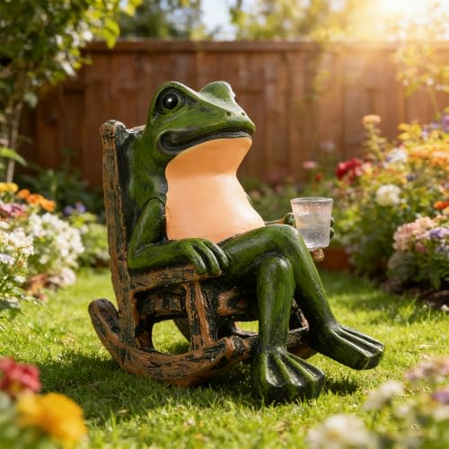 Image of HASTHIP Solar Frog Rocking Chair Statue Light, Funny Garden Resin Frog Night Light Planter Decor Mood Light, Decorative Lamp for Patio Porch Yard Home Decor Home Gift, 10x10x6cm