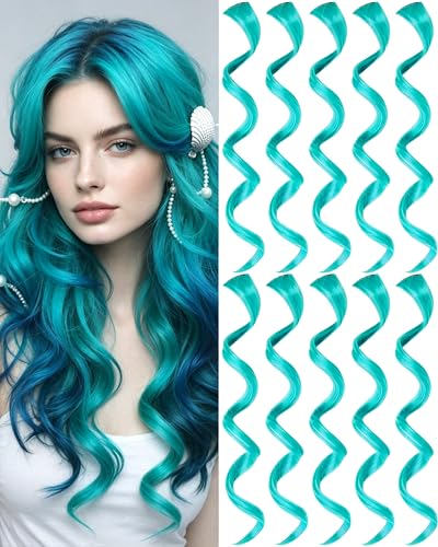 10 PCS Teal Blue Hair Extensions, Curly Wavy Synthetic Hairpieces Clip in